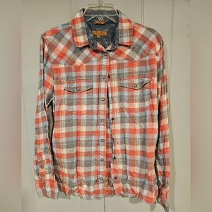 Jack's Girlfriend BEA Shirt Women Med Pink Flannel Plaid Western Pearl Snap Long